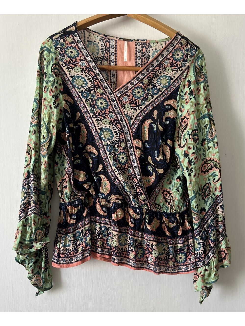 Free People Women's Large Rosalie Wrap Paisley Floral Bell Sleeves Boho